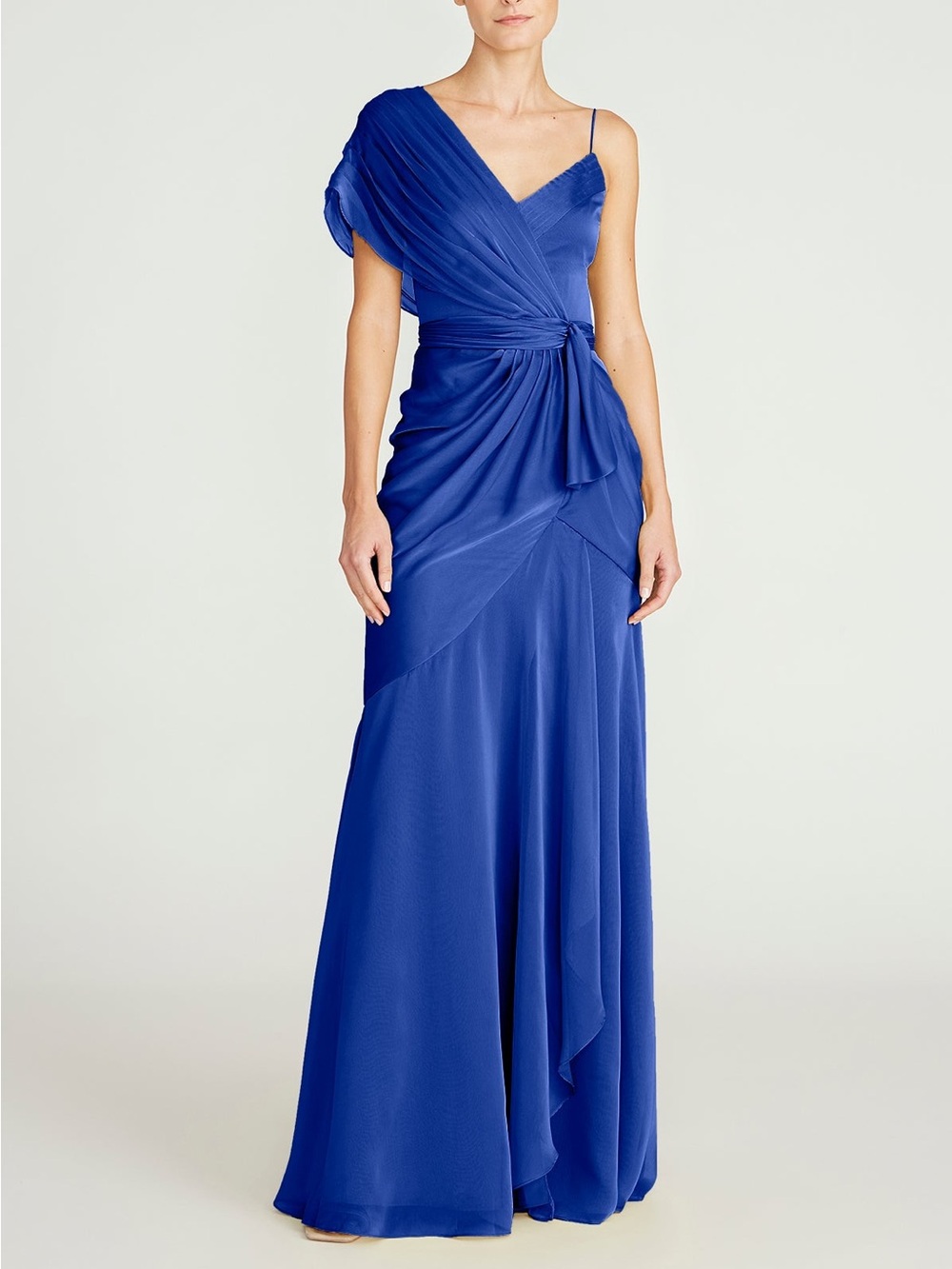 NWT Theia Jana Asymmetric Draped Evening Gown Maxi Dress in Oxford Blue Size 8